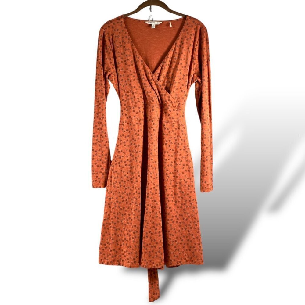 Toad & Co Cue Wrap Dress Womens S Rust Ditsy Floral LS Pocket Stretch Slub Midi